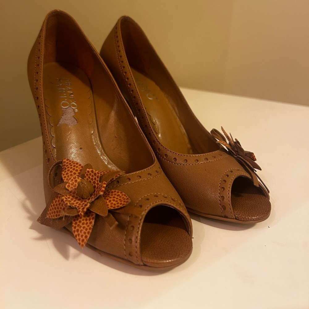 Franco Sarto Brown Peep-Toe Heels with Floral Accent